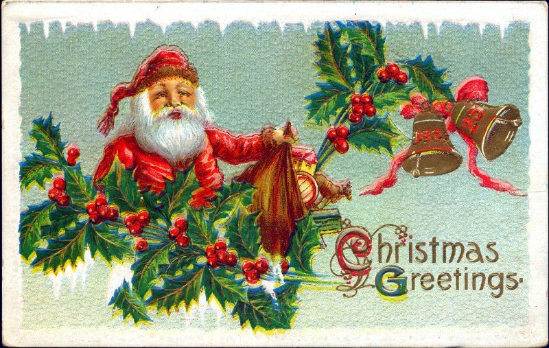 Christmas ~SANTA w/ BAG OF TOYS IN HOLLY~GOLD BELLS~Embossed Antique Postcard