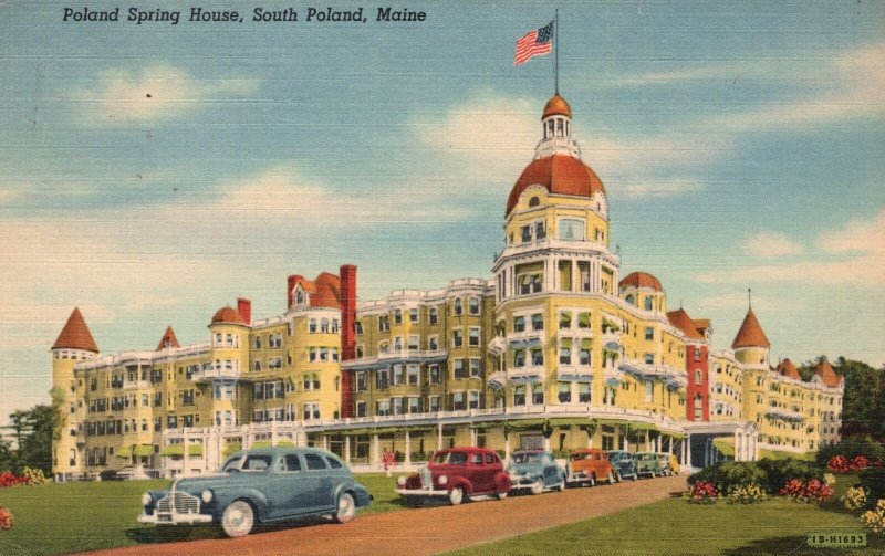 South Poland Maine, 1954 Poland Spring House Building U.S. Flag Vintage Postcard