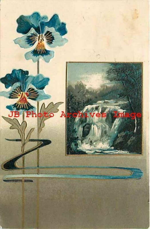 Greetings, Blue Flowers, Water Fall, Art Nouveau, Laton CA, Diamond Post Card Co