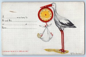 c1910's Stork Baby Birth Announcement Weighing Grace Harlow Antique Postcard