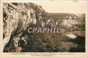 Old Postcard Laugerie Low and Big Rock Les Eyzies Dordogne View from the Terr...
