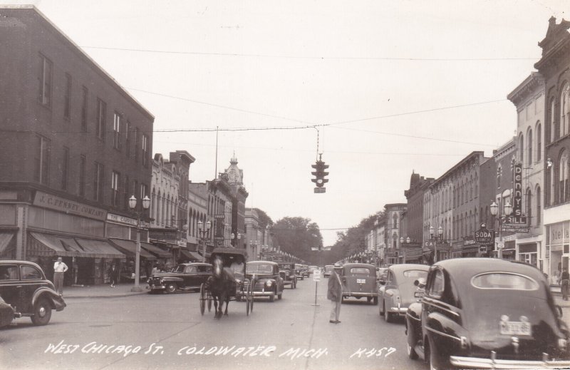 Minnesota Coldwater West Chicago Street Old Cars Horse and Buggy Real Photo