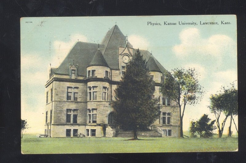 UNIVERSITY OF KANSAS JAYHAWKS LAWRENCE KANSAS PHYSICS BLDG. VINTAGE POSTCARD