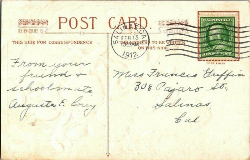 VTG Postcard Valentine Greetings Hope Barn 1912 Salinas California Embossed 1169