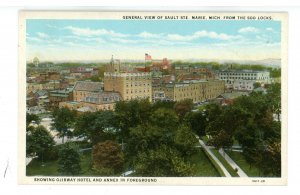 MI - Sault Ste. Marie. View from Soo Locks, Ojibway Hotel & Annex ca 1929