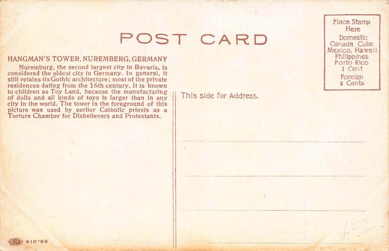 Hangman's Tower, Nuremberg, Germany, Early Postcard, Unused