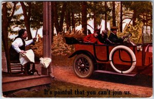 VINTAGE POSTCARD IT'S PAINFUL THAT YOU CAN'T JOIN US. ANTIQUE AUTO COUPLE