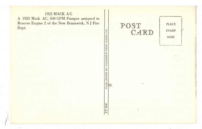 NJ - New Brunswick. New Brunswick Fire Dept., 1923 Mack AC Pumper Engine