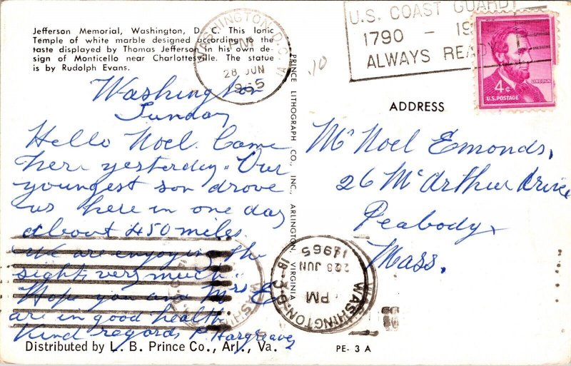 Jefferson Memorial Washington DC Old Cars Postcard PM Cancel WOB Note VTG 4c 
