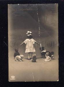 017493 Gilr & TEDDY BEAR & DACHSHUND & DOLL vintage PHOTO