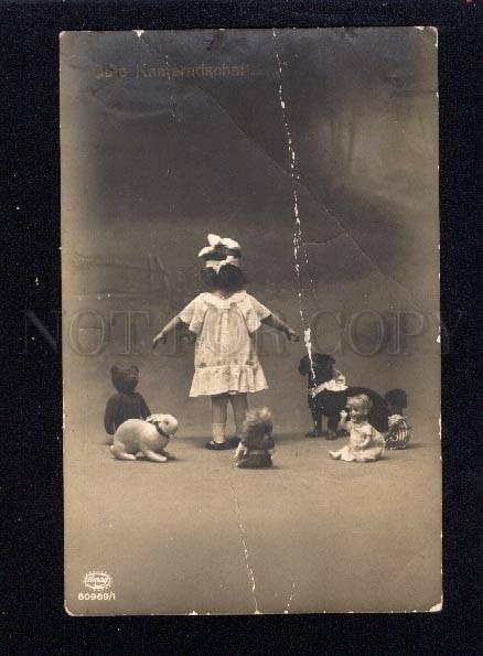017493 Gilr & TEDDY BEAR & DACHSHUND & DOLL vintage PHOTO