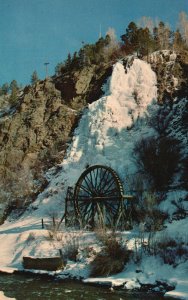 Vintage Postcard Waterfall & Old Waterwheel Winter Wonderland Idaho Springs Colo