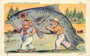 1940s Exaggeration big fish 2 men Fish Story C-84 Postcard linen Teich 22-11301