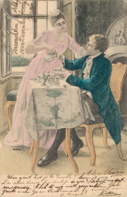 Romantic Man And Woman Drinking Tea Vintage Postcard 08.20