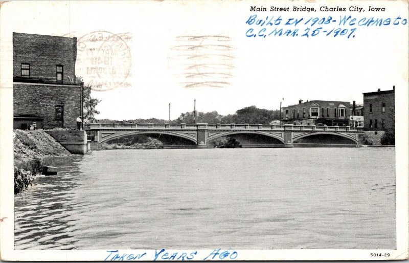 Main Street Bridge Charles City Iowa IA WB Postcard PM Cancel WOB Note VTG 