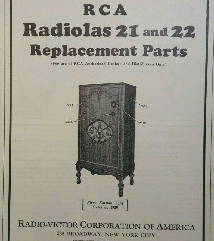 RCA Radiolas 21 and 22 Vintage Original Replacement Parts Radio Victor Ephemera