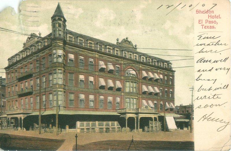 El Paso, TX Sheldon Hotel 1907 Postcard, Damaged Corner