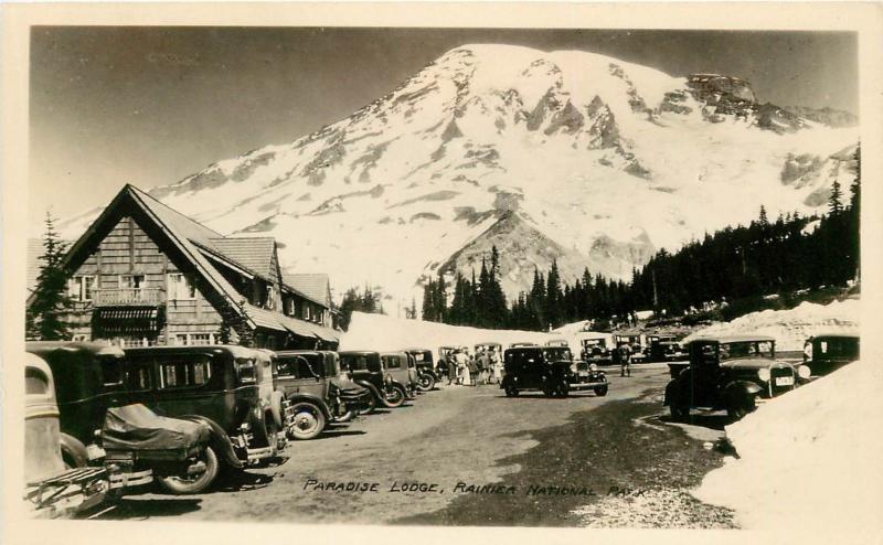 RPPC Postcard Old Cars at Paradise Lodge, Mt. Rainier National Park WA unposted