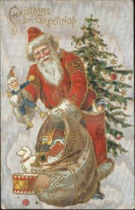 Christmas - Santa Claus Toys Sack & Tree Silver Background c1910 Postcard