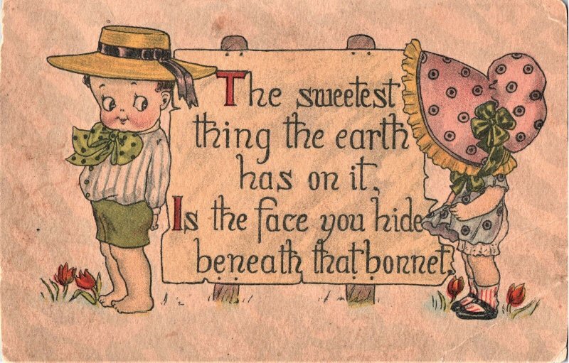 VINTAGE POSTCARD CUTE BOY AND GIRL ROMANTIC WORDS (UNDATED)