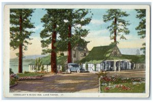 c1930's Conolley's Bijou Inn Car Flowers Lake Tahoe California CA Postcard