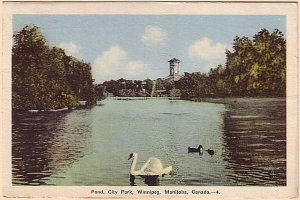 Swan In City Park Pond, Winnipeg, MB, 1938 PECO Postcard, B-630 Slogan Cancel