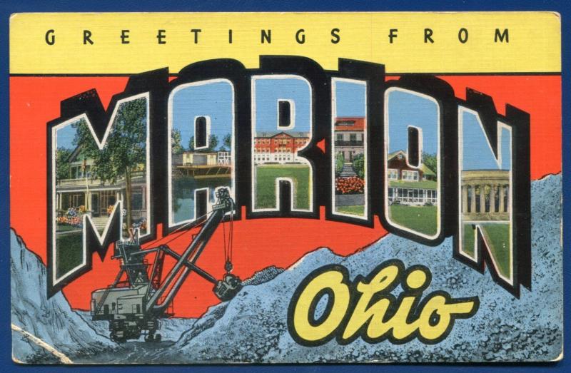 Marion Ohio oh large letter letters linen postcard