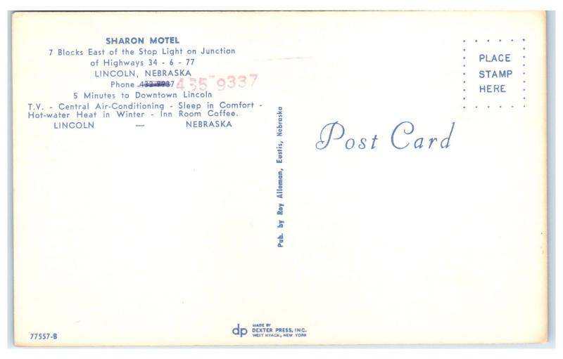1950s Sharon Motel, Lincoln, NE Postcard