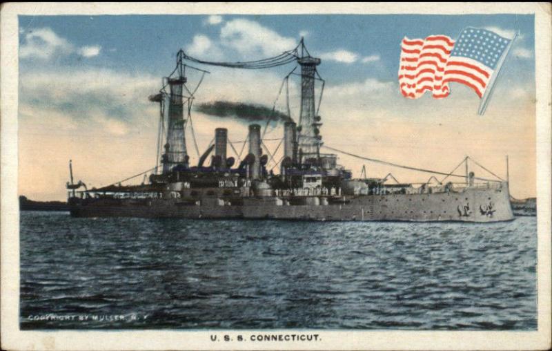 US Navy acorazado USS Connecticut Bandera Americana Emblema 1918 Postal 