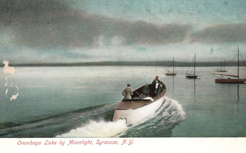 Syracuse New York, Boating at Night Onondaga Lake by Moonlight Vintage Postcard