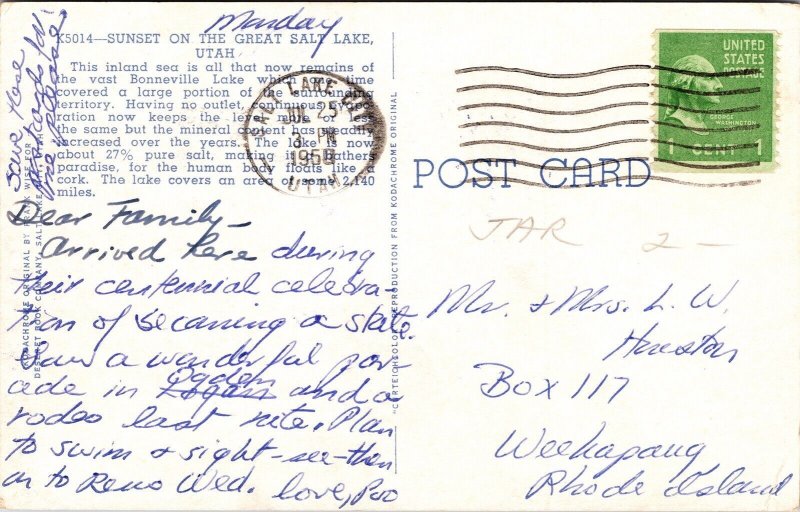 Sunset Great Salt Lake Utah UT Inland Sea Postcard PM Cancel WOB Note ...