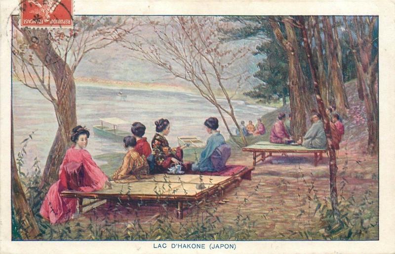 Hakone lake Japan geisha 1907 postcard