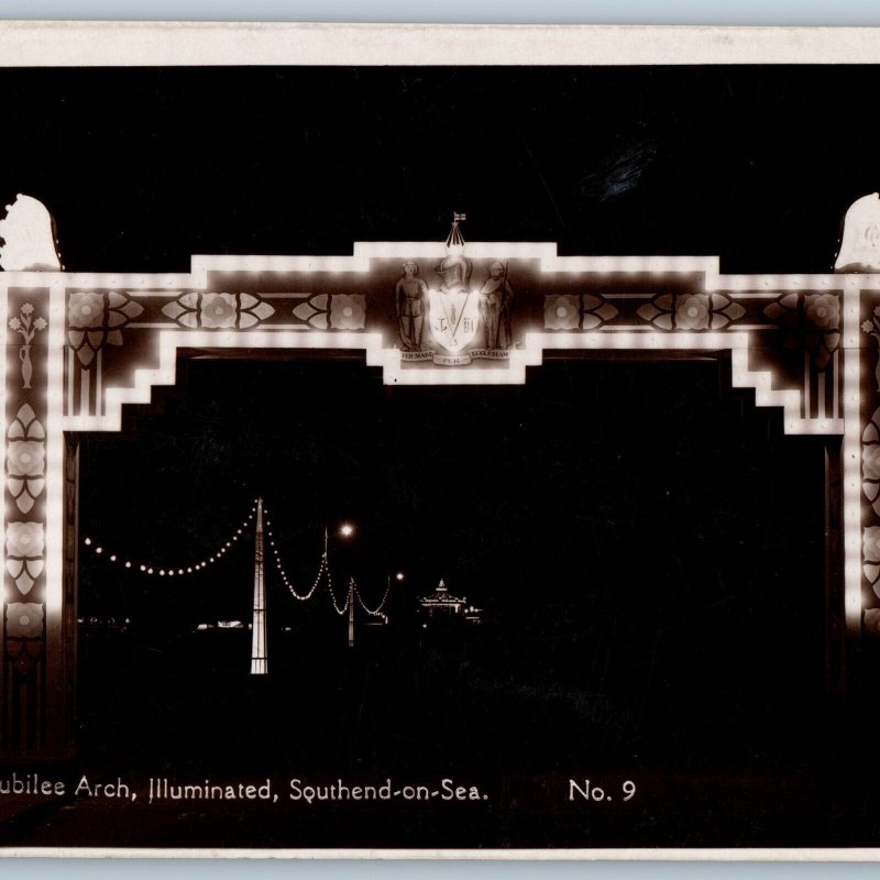 c1940s Southend-on-Sea, England RPPC Jubilee Arch Night Light Illuminated A187