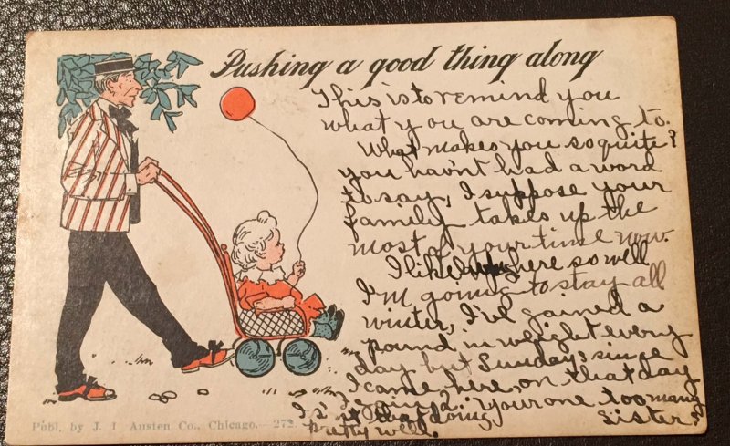 Vintage 1906 Pushing a Baby Greeting Postcard with stamp