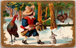 Little Boy In The Forest Along With The Turkey & Cat Postcard