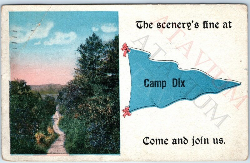 1918 WWI Trenton, NJ Camp Dix Pennant Flag Greeting Postcard Branch Cancel A169