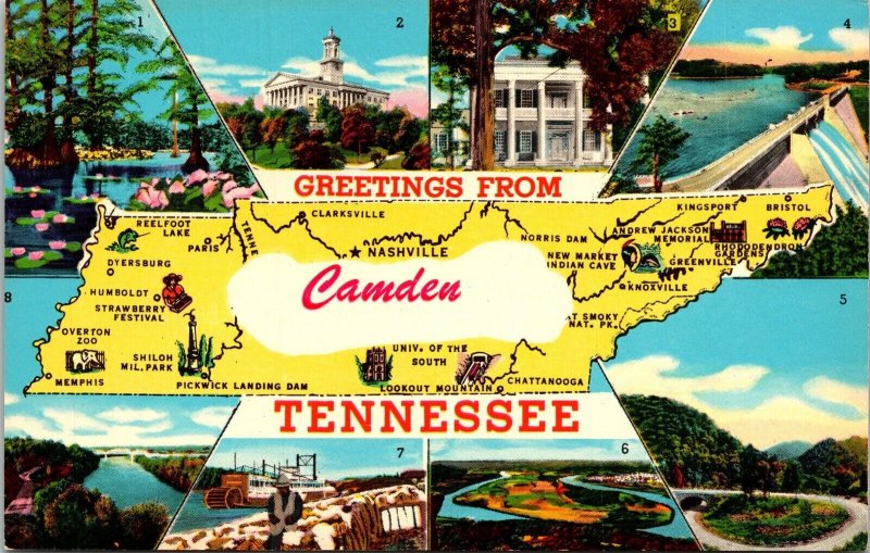 Greetings From Camden Tennessee TN Multiview Map Postcard UNP VTG Unused Vintage