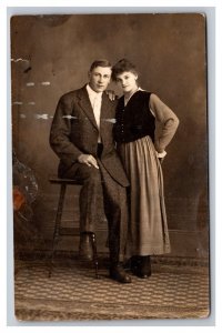 Vintage 1910's RPPC Postcard - Studio Portrait Cute Young Victorian Couple