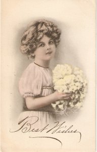 Curky hair girl holding yellow flowers Nice old vintage American postcard