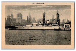 View Of U.S.S Mississippi Warship Naval Cruiser Ship Buildings Scene Postcard