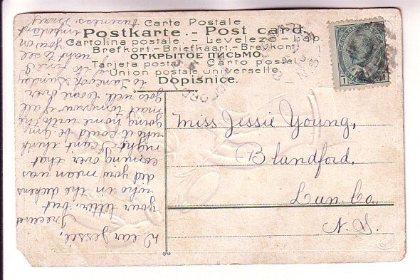 Greeting Postcard Hand Reaching Lilly, Used 1910 Nova Scotia Split Ring Cancels