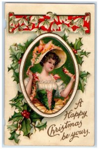 c1910's Christmas Girl Holly Berries White Lily Flowers Clapsaddle Postcard 