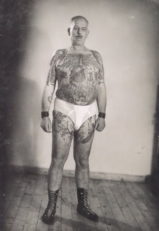 German 1960s Wild Animals Tattoo Tattoed Man In Y Fronts Postcard