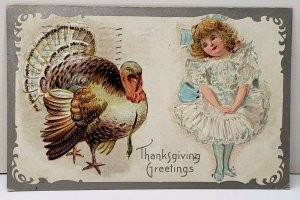 Thanksgiving Greeting Girl Fancy Dress Large Turkey Silver Embossed Postcard A18