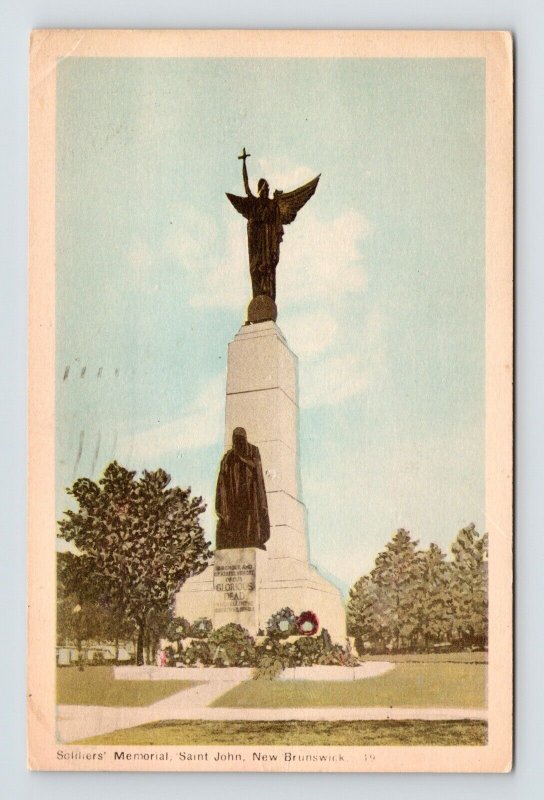 St John New Brunswick Canada Soldiers Monument WB Cancel WOB Postcard 