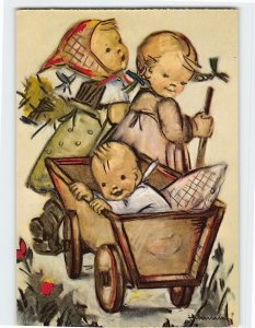 Postcard Happy Ride Painting of Three Children by M. I. Hummel