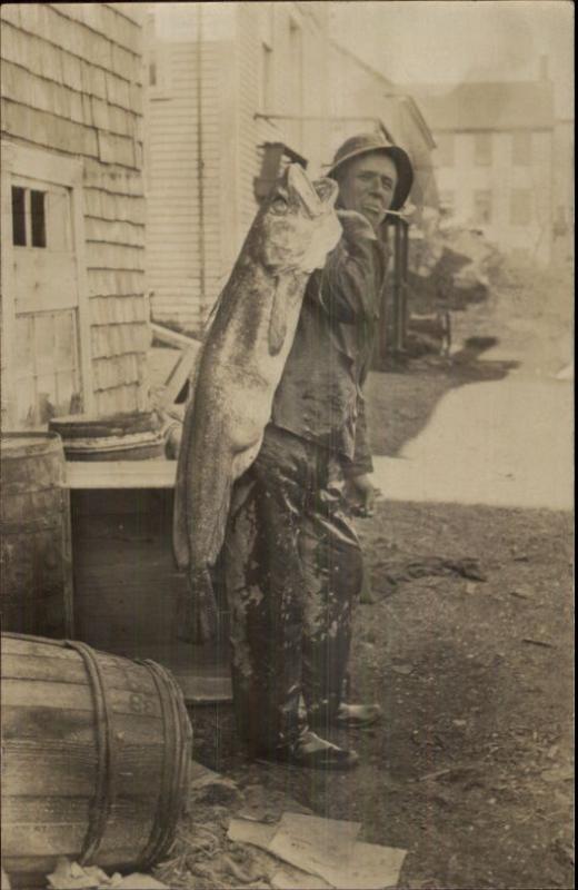 cigarette open fisherman Salty Fisherman Dirty Clothes Giant Fish Catch Smoking Cigarette RPPC myn1