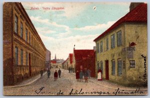 K43/ Foreign Postcard c1910 Sweden Malmo Langgatan Russian Stamps 526