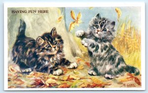 MABEL GEAR Artist Signed FLUFFY TABBY KITTENS Having Fun Here Cat Postcard