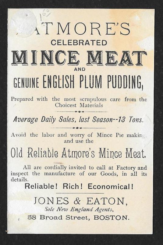 VICTORIAN TRADE CARD Atmore's Mince Meat & English Pudding